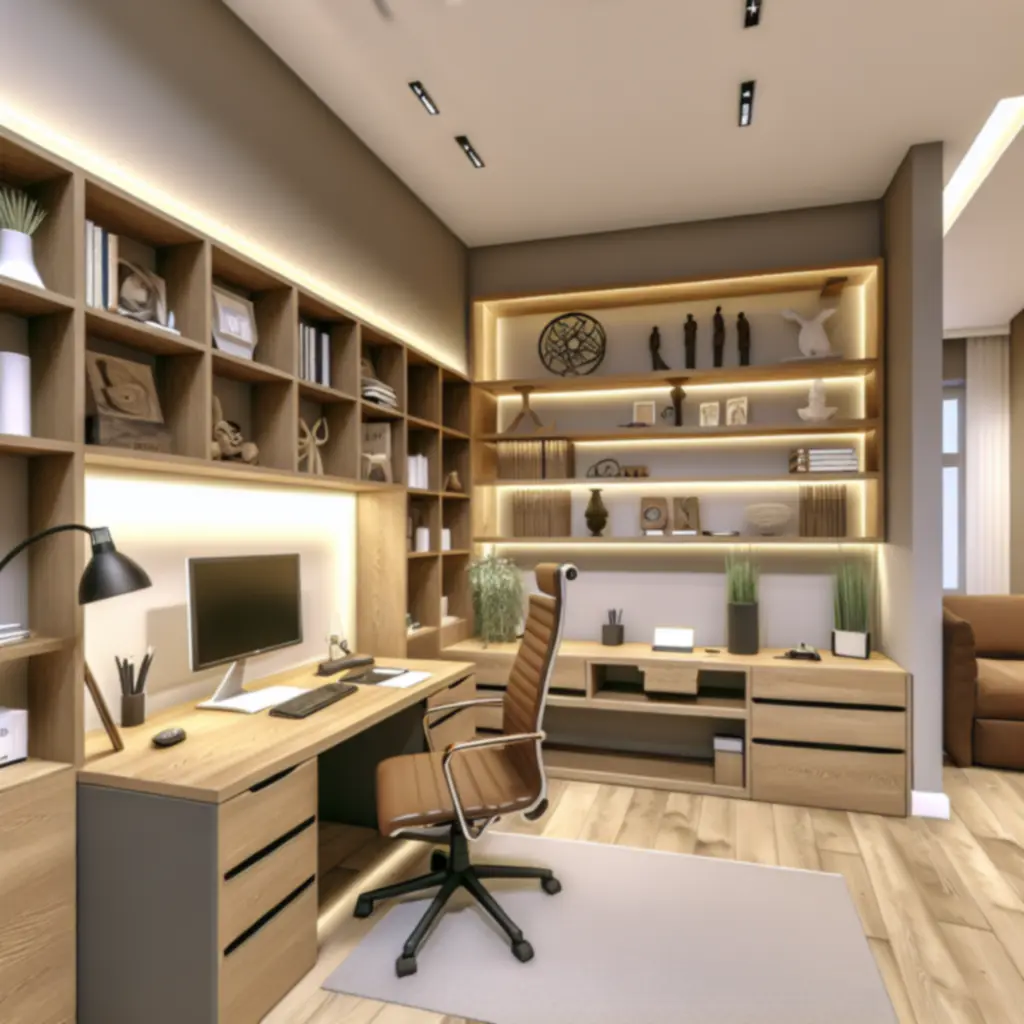 Nowoczesny domowy gabinet z biurkiem przy oknie, wygodnym fotelem oraz minimalistycznymi półkami na książki.