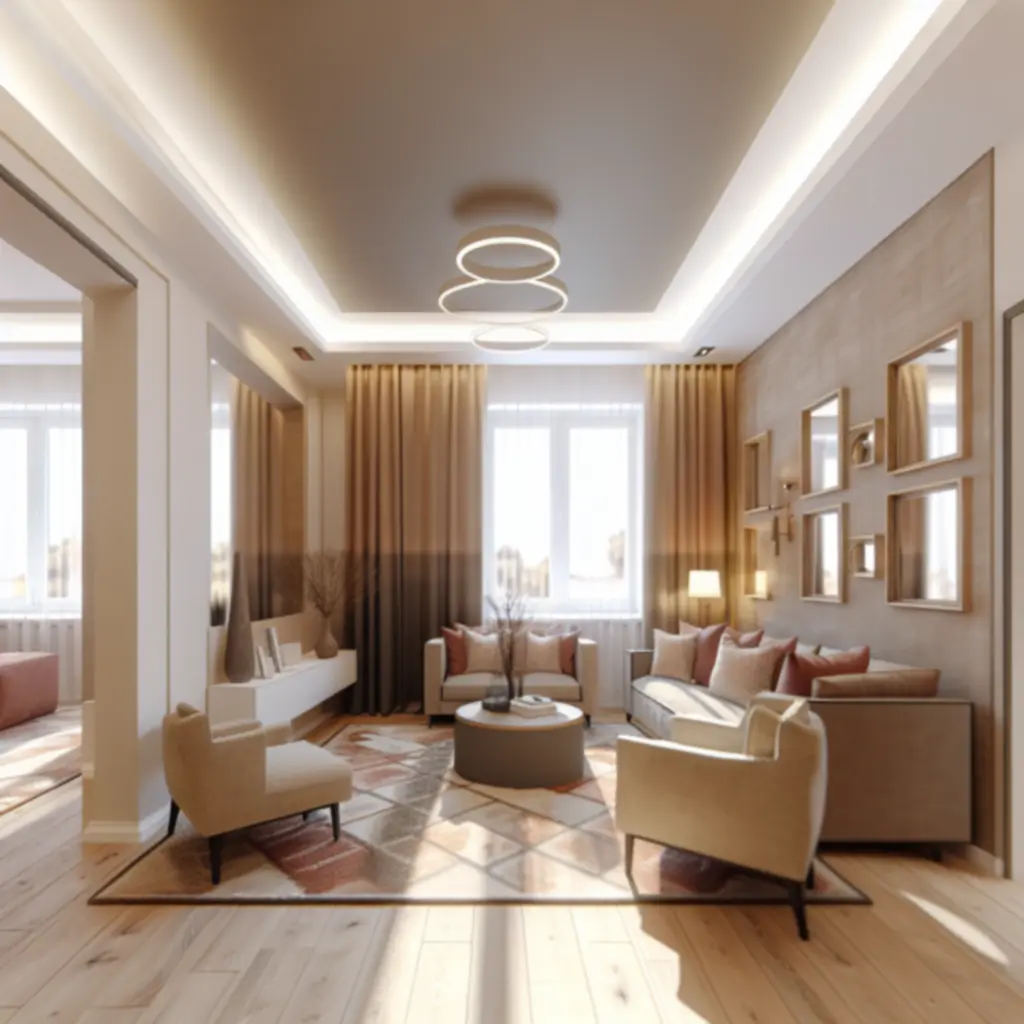 Elegancki salon w ciepłych, neutralnych barwach zaprojektowany przez  homeestivo