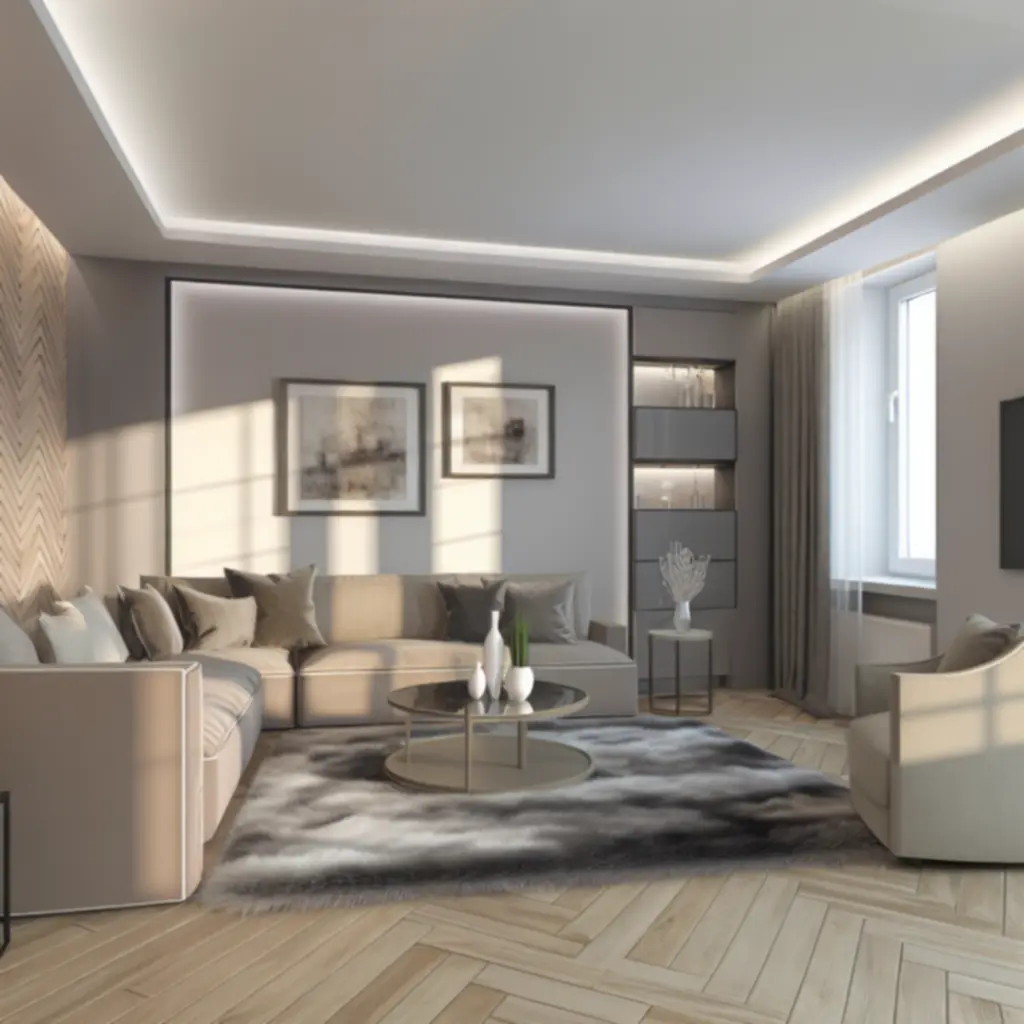 Nowocześnie zaaranżowany elegancki salon w jasnych, neutralnych barwach