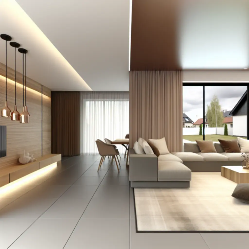 Nowoczesna, jasna strefa dzienna z elegancką sofą, dużymi oknami i starannie dobranymi dodatkami.