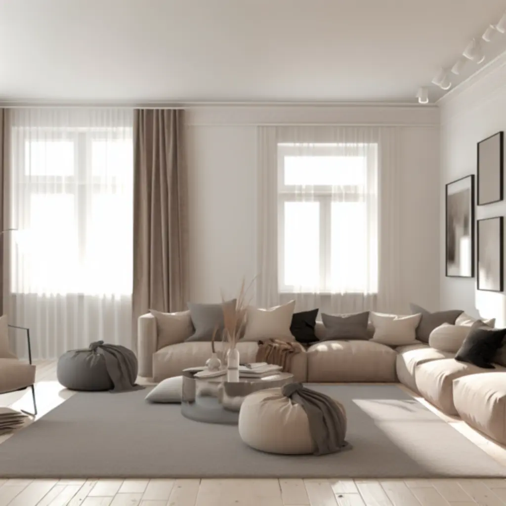 Przestronny, elegancki salon z jasnymi ścianami, dużymi oknami i miękką kanapą w neutralnych barwach.